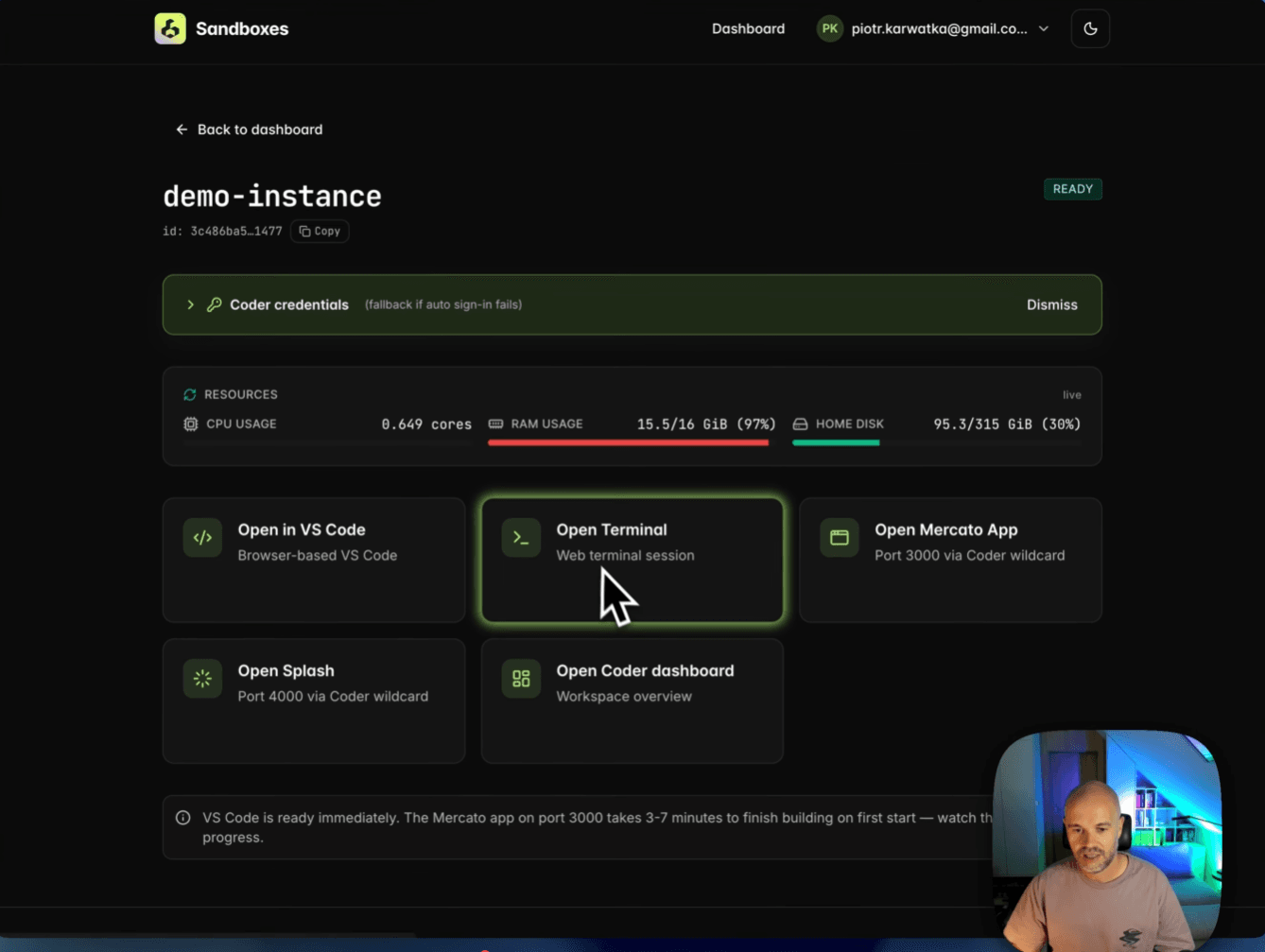 Open Mercato Sandboxes — dashboard inside the sandbox
